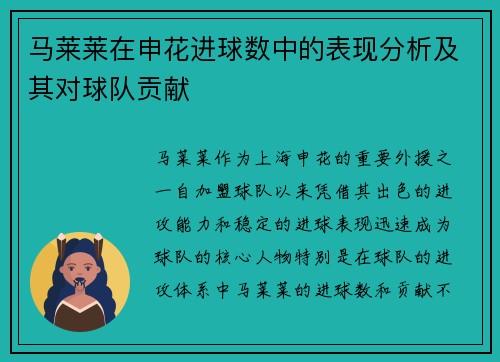 马莱莱在申花进球数中的表现分析及其对球队贡献